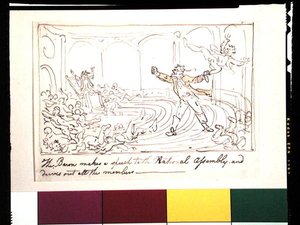 A báró beszédet mond az Országgyűlésben, és kiűzi az összes képviselőt (toll, tinta és akvarell papíron) alkotó: Thomas Rowlandson