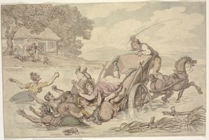 "A Carter és a cigányok": Egy patakban megfordult kocsi, amely egy csapat nőt a vízbe billent alkotó: Thomas Rowlandson