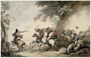 Az útonálló üldözése, 1790 körül (toll, tus, tinta és ceruza, papír) alkotó: Thomas Rowlandson