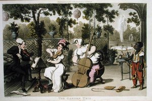 A Garden Trio, William Combe „The Tour of Dr Syntax in search of the festői” című művéből, 1812-ben (akvatinta) alkotó: Thomas Rowlandson