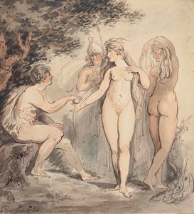 A párizsi ítélet, aláírva "Rowlandson" (balra lent) toll, barna tinta és akvarell, 7 ¼ x 6 ¾ in. (18,4 x 17,2 cm). alkotó: Thomas Rowlandson