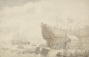 A H.M.S. „Hibernia” Devonportban, 1804 körül (toll, tinta és akvarell papíron) alkotó: Thomas Rowlandson