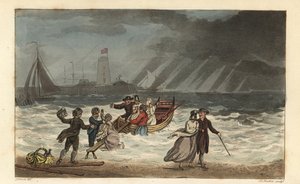 Vízparti: a turisták a rossz idő miatt elhagyják a tengeri utazást. Kézzel színezett rézmetszet Thomas Rowlandsontól, akvatinta J. C. Stadlertől, J. Green vázlata a Poetical Sketches of Scarborough, Ackermann, Londonból alkotó: Thomas Rowlandson