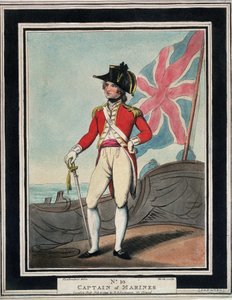 Tengerészkapitány, a Királyi Haditengerészetnél, a 18. században. Metszet színekben alkotó: Thomas Rowlandson