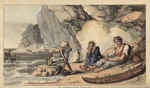 A Halál csontváza egy tengerparton ül két hajótörött matrózsal. Thomas Rowlandson által rajzolt és vésett, kézzel színezett rézlemez az angol haláltáncból, Ackermann, London alkotó: Thomas Rowlandson