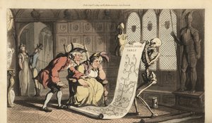 A Halál csontváz a homokórával egy genealógiai táblázatot mutat két idős arisztokrata geneológusnak egy heraldikai pajzsokkal és páncélzattal ellátott szobában. Thomas Rowlandson által rajzolt és vésett, kézzel színezett rézlemez az angol haláltáncból, alkotó: Thomas Rowlandson