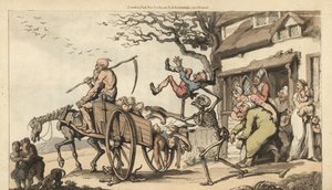 A Halál és az öreg csontváza Ideje elvinni Goody Barton öreg férjét, de a szekér már túlságosan tele van holttestekkel. Thomas Rowlandson által rajzolt és vésett, kézzel színezett rézlemez az angol haláltáncból, Ackermann, London alkotó: Thomas Rowlandson