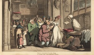 A Halál csontváza egy fiatal nő és egy csúnya öregember esküvőjét ünneplő papként. Thomas Rowlandson által rajzolt és vésett, kézzel színezett rézlemez az angol haláltáncból, Ackermann, London alkotó: Thomas Rowlandson