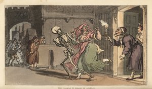 A Halál csontváza egy Virago-t visz ki egy házból, miközben egy lámpás éjjeliőr néz rá. Thomas Rowlandson által rajzolt és vésett, kézzel színezett rézlemez az angol haláltáncból, Ackermann, London alkotó: Thomas Rowlandson