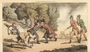 A Halál csontváza elhurcol egy sebesültet, mielőtt az orvos megvárhatná egy pisztolypárbaj után egy parkban. Thomas Rowlandson által rajzolt és vésett, kézzel színezett rézlemez az angol haláltáncból, Ackermann, London alkotó: Thomas Rowlandson