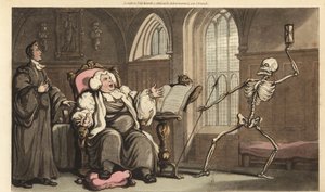 A Halál csontváza a püspökért érkezik az apátságba, amint a Bibliát olvassa a szónoki emelvényen, és köszvényes lábát egy párnán nyugtatja. Thomas Rowlandson által rajzolt és vésett, kézzel színezett rézlemez az angol haláltáncból, Ackermann, London alkotó: Thomas Rowlandson