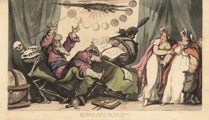 A Halál csontváza a Jósért érkezik a bolygógömbökkel, asztrológiai könyvekkel és krokodillal díszített szobájába. Két hölgy ügyfél rémülten nézi. Thomas Rowlandson által rajzolt és vésett, kézzel színezett rézlemez a Dea angol táncából alkotó: Thomas Rowlandson