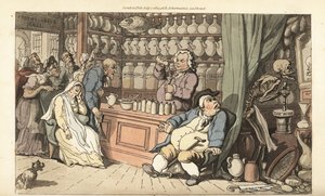 A Halál csontváza lassú mérget őröl a Quack Doctor üzletében, miközben a háp egy palackba tölti a végzetes szert. Thomas Rowlandson által rajzolt és vésett, kézzel színezett rézlemez az angol haláltáncból, Ackermann, London alkotó: Thomas Rowlandson