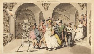 A Halál csontváza egy turistacsoportot vezet végig a párizsi katakombákon. Thomas Rowlandson által rajzolt és vésett, kézzel színezett rézlemez az angol haláltáncból, Ackermann, London alkotó: Thomas Rowlandson