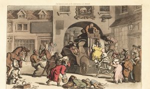 A Halál csontváza felsegít egy nagy matrónát a végzetes Utolsó Stádiumra. Thomas Rowlandson által rajzolt és vésett, kézzel színezett rézlemez az angol haláltáncból, Ackermann, London alkotó: Thomas Rowlandson