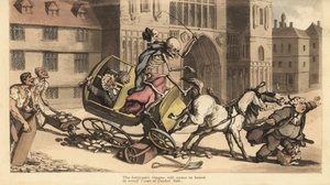 A Halál köpenyes és sapkás csontváza egy kétlovas kocsit hajt, amint nekiütközik az útépítésnek, megölve utasát, egy bírósági tisztet. Thomas Rowlandson által rajzolt és vésett, kézzel színezett rézlemez az angol haláltáncból, Ackermann, London alkotó: Thomas Rowlandson