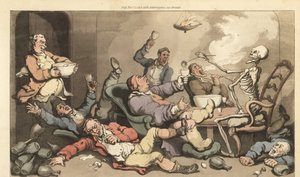 A halálos merőkanál csontváza beleütődik egy köszvényes Toastmaster pohárba egy fergeteges grúz ivópartin. Thomas Rowlandson által rajzolt és vésett, kézzel színezett rézlemez az angol haláltáncból, Ackermann, London alkotó: Thomas Rowlandson