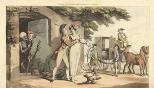 A Halál csontváza egy idős férfit egy mauzóleumba vezet, így fiatal özvegye szabadon házasodhat újra. Thomas Rowlandson által rajzolt és vésett, kézzel színezett rézlemez az angol haláltáncból, Ackermann, London alkotó: Thomas Rowlandson