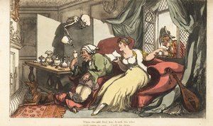 A Halál csontváza halálos pohár bort tölt az öreg bolond Sir Peternek a nászútján, miközben fiatal felesége, Julia Henry őrnaggyal flörtöl az ablakban. Thomas Rowlandson által rajzolt és vésett, kézzel színezett rézlemez az angol haláltáncból, A alkotó: Thomas Rowlandson