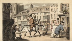 A Halál csontváza egy lovon ül egy hörgődoktorral, miközben csak a falu temetkezési vállalkozója kesereg a halálán. Thomas Rowlandson által rajzolt és vésett, kézzel színezett rézlemez az angol haláltáncból, Ackermann, London alkotó: Thomas Rowlandson