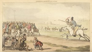 A Halál csontváza egy férfival lovagol a fogadási poszt felé egy versenypályán, miközben a gyerekek lottót játszanak. Thomas Rowlandson által rajzolt és vésett, kézzel színezett rézlemez az angol haláltáncból, Ackermann, London alkotó: Thomas Rowlandson