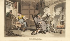A Halál csontváza pipázik a kandalló mellett az öreg Gaffer Goodmannel, miközben fiatal feleségét egy udvarló elcsábítja az ablaknál. Thomas Rowlandson által rajzolt és vésett, kézzel színezett rézlemez az angol haláltáncból, Ackermann, London alkotó: Thomas Rowlandson