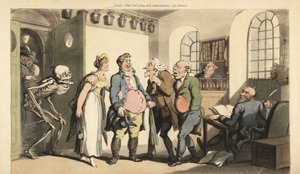A Halál csontváza meglepi Ned Freemant, amint felkeresi a biztosítási irodát, özvegyére hatalmas összeget hagyva. Thomas Rowlandson által rajzolt és vésett, kézzel színezett rézlemez az angol haláltáncból, Ackermann, London alkotó: Thomas Rowlandson