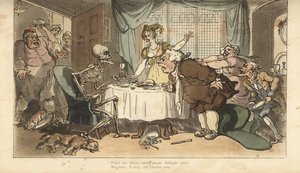 A Halál csontváza nyílvesszővel és homokórával jön a falánkért, amint vacsorázik. Thomas Rowlandson által rajzolt és vésett, kézzel színezett rézlemez az angol haláltáncból, Ackermann, London alkotó: Thomas Rowlandson