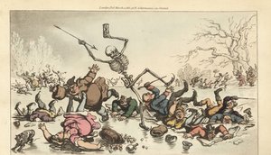 A Halál csontváza darttal és homokórával korcsolyázik egy befagyott tavon, miközben a többi korcsolyázó átesik a törött jégen. Thomas Rowlandson által rajzolt és vésett, kézzel színezett rézlemez az angol haláltáncból, Ackermann, London alkotó: Thomas Rowlandson