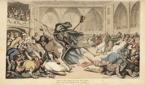 A Halál csontváza nyílvesszőjével lázadást okoz a harlekinek, zsokék, apácák, törökök és bolondok között egy álarcosbálon. Thomas Rowlandson által rajzolt és vésett, kézzel színezett rézlemez az angol haláltáncból, Ackermann, London alkotó: Thomas Rowlandson