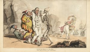 A Halál csontváza homokórával és nyílvesszővel egy Pierrot-hoz és más bohócokhoz érkezik, miközben egy harlekin egy nővel táncol a tengerparton. Thomas Rowlandson által rajzolt és vésett, kézzel színezett rézlemez az angol haláltáncból, Ackermann, London alkotó: Thomas Rowlandson