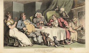 A Halál homokórás csontváza jön a beteg emberért, amint az étkezőasztalnál zabkásat eszik ivócimboráival a kandalló előtt. Thomas Rowlandson által rajzolt és vésett, kézzel színezett rézlemez az angol haláltáncból, Ackerman alkotó: Thomas Rowlandson