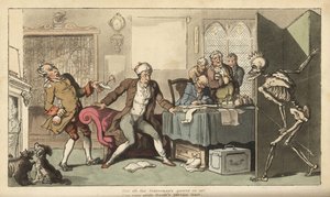 Az államférfit az irodájában meglepi a Halál csontváza a paraván mögül előbukkanó koronájával és nyílvesszőjével. Thomas Rowlandson által rajzolt és vésett, kézzel színezett rézlemez az angol haláltáncból, Ackermann, London alkotó: Thomas Rowlandson