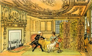 "Dr. Syntax látogatása a reményteljes özvegynél" alkotó: Thomas Rowlandson