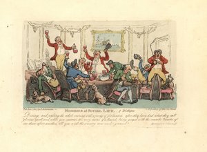 Fáradt és részeg férfi egy fergeteges vacsorán rókavadászokkal. alkotó: Thomas Rowlandson