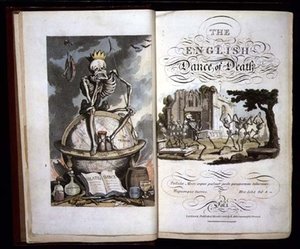 Címlap az "Angol haláltánc" című kötetből, R. Ackermann kiadása. alkotó: Thomas Rowlandson