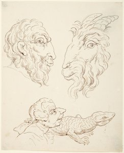 Két karikatúra: ember és kecske, ember és gyík alkotó: Thomas Rowlandson