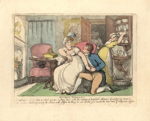 Két szerető egy szalonban, akiket a kíváncsiskodó szobalányok zavartak meg. alkotó: Thomas Rowlandson
