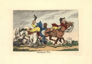 Két férfi leesett a lováról, miután megmutatták magukat. Dicsekvés. alkotó: Thomas Rowlandson