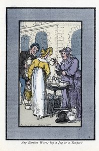 Kancsót, teáskannát és tálat árusító nőnek van egy utcasarka. Egy elegáns fiatal nő nézi az árut. Thomas Rowlandson (1756-1827) festménye alapján készült fametszet, amely a londoni válságban jelent meg: hat bájos gyerekkel és közel 40 illuszttal alkotó: Thomas Rowlandson