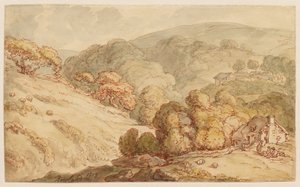 Erdős dombvidéki táj házzal és alakokkal alkotó: Thomas Rowlandson