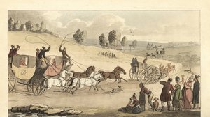 Fiatal angol urak négylovas kocsikkal versenyeznek egy úton alkotó: Thomas Rowlandson