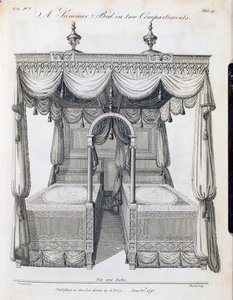 Nyári ágy két rekeszben: 41. tábla, Thomas Sheraton „A szekrénykészítő és kárpitos rajzkönyve”, III. rész, pub. G. Terry, 1793. június (bw print) alkotó: Thomas Sheraton