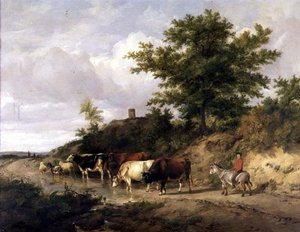 Erdős táj egy szamárháton ülő fiúval és marhákkal egy gázlónál alkotó: Thomas Sidney Cooper