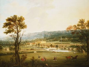 Széles kilátás délnyugatról Chatsworth-re, Derbyshire-re,