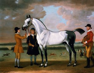 A Duke of Bolton „Starling”-ja egy zsokéval és a vőlegénnyel a Newmarketben