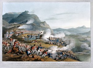 A Sierra de Busaco látképe St. Antonio de Cantarónál, Reigniers marsall támadását ábrázolva, Charles Turner metszete, megjelent 1812-ben (akvatinta).