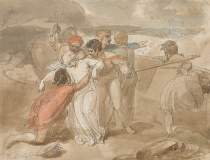Egy nőt mentettek ki a tengerből és segítettek a partra, evezős csónakot és mentőket a háttérben alkotó: Thomas Stothard