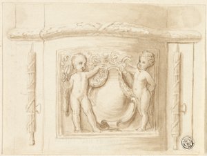 Pilaszter alap domborművel, 2 puttival, pajzs alkotó: Thomas Stothard