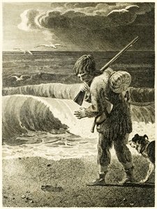 ?Robinson Crusoe felfedezi a férfi lábnyomát? a ?Robinson Crusoe élete és furcsa meglepő kalandjai, vagy York, Mariner? írta: Daniel Defoe